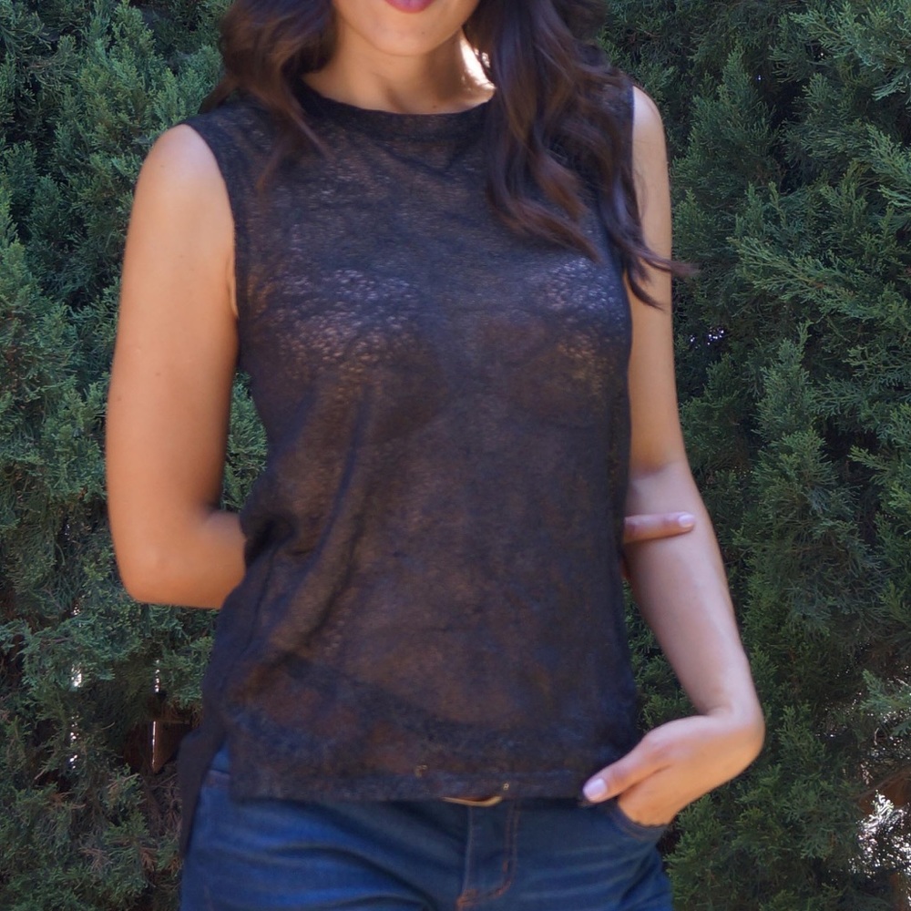 Painted Threads Black Sleeveless Shimmery Top Crew Neck Slightly Sheer